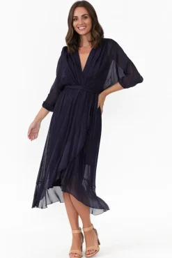 Below Knee Dresses<La Strada Prague Navy Silk Layer Dress