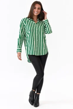 Cotton Tops<Dear Sutton Presley Green Stripe Cotton Poplin Shirt