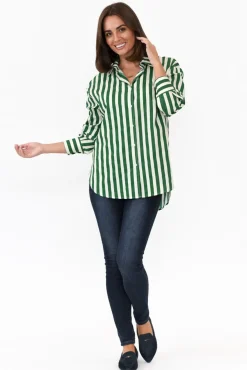 Cotton Tops<Dear Sutton Presley Green Stripe Cotton Poplin Shirt