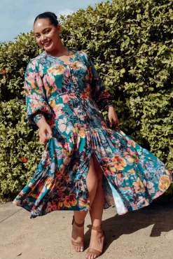 Midi Dresses<Fate Becker Pure Shores Teal Floral Midi Dress