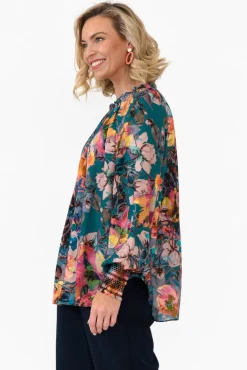Sleeved Tops<Fate Becker Pure Shores Teal Floral Sleeved Blouse