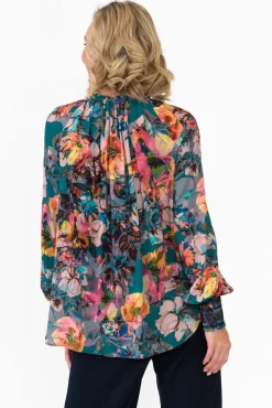Sleeved Tops<Fate Becker Pure Shores Teal Floral Sleeved Blouse