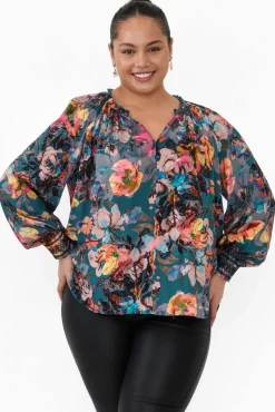 Sleeved Tops<Fate Becker Pure Shores Teal Floral Sleeved Blouse