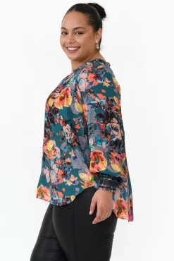 Sleeved Tops<Fate Becker Pure Shores Teal Floral Sleeved Blouse
