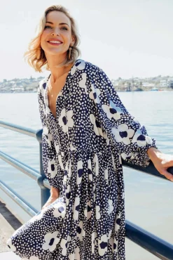 Above Knee Dresses<Cali and Co Quinta Navy Bloom Cotton Blend Dress