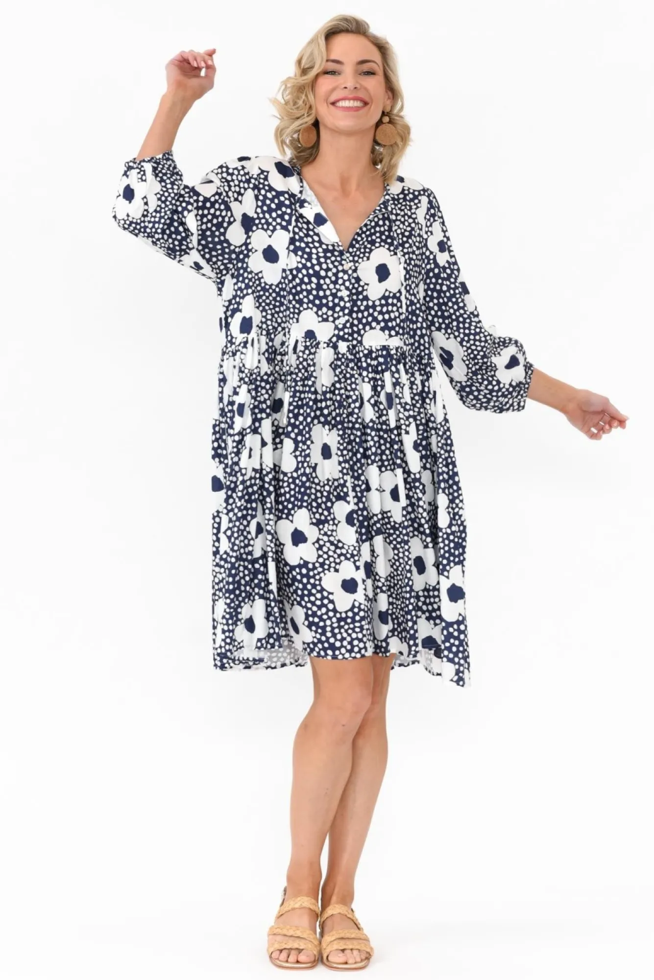 Above Knee Dresses<Cali and Co Quinta Navy Bloom Cotton Blend Dress