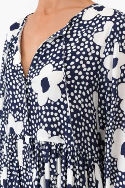 Above Knee Dresses<Cali and Co Quinta Navy Bloom Cotton Blend Dress