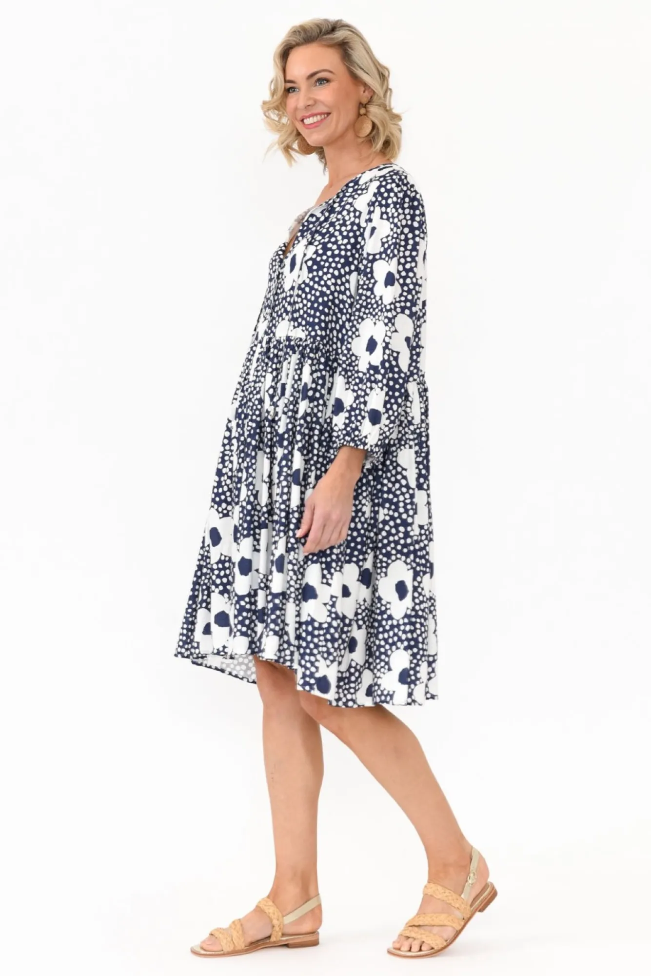 Above Knee Dresses<Cali and Co Quinta Navy Bloom Cotton Blend Dress