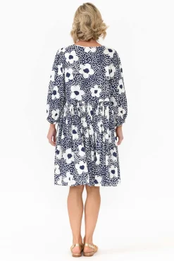 Above Knee Dresses<Cali and Co Quinta Navy Bloom Cotton Blend Dress