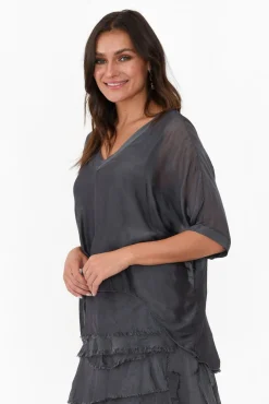 Sleeved Tops<Italian Closet Ranatia Charcoal Silk Batwing Top