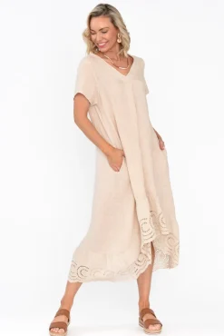 Midi Dresses<Fabuler Ravella Beige Linen V Neck Dress