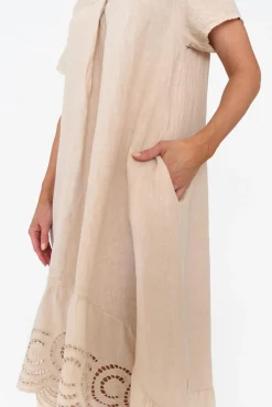 Midi Dresses<Fabuler Ravella Beige Linen V Neck Dress