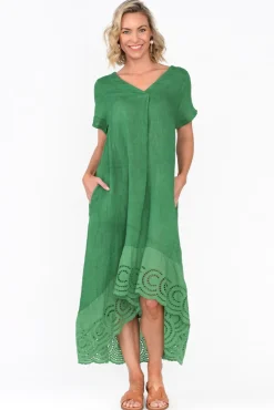 Linen Dresses<Fabuler Ravella Green Linen V Neck Dress