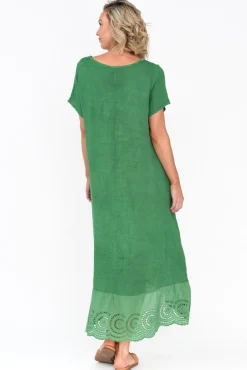 Linen Dresses<Fabuler Ravella Green Linen V Neck Dress