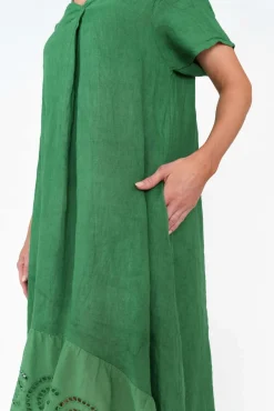 Linen Dresses<Fabuler Ravella Green Linen V Neck Dress