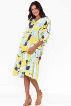 Linen Dresses<La Strada Reiko Yellow Floral Linen Blend Dress