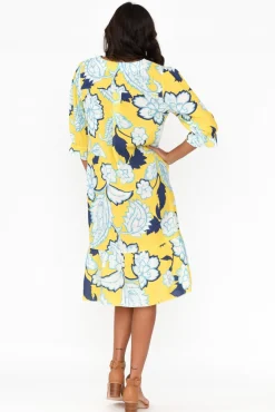Linen Dresses<La Strada Reiko Yellow Floral Linen Blend Dress