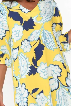 Linen Dresses<La Strada Reiko Yellow Floral Linen Blend Dress