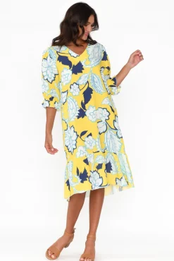 Linen Dresses<La Strada Reiko Yellow Floral Linen Blend Dress