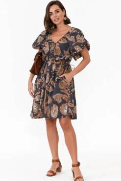 Cotton Dresses<POL Reina Navy Reef Cotton Drawstring Dress