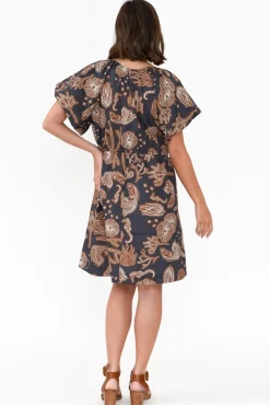 Cotton Dresses<POL Reina Navy Reef Cotton Drawstring Dress