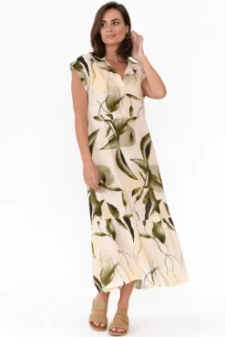 Cotton Dresses<Rosa Jojo Rhiannon Green Leaf Linen Cotton Dress