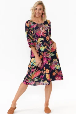Below Knee Dresses<Willow Tree Richards Navy Bloom Linen Blend Dress