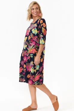 Below Knee Dresses<Willow Tree Richards Navy Bloom Linen Blend Dress