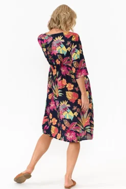 Below Knee Dresses<Willow Tree Richards Navy Bloom Linen Blend Dress