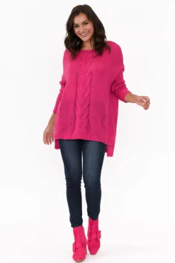 Knitwear<Cafe Latte Rinna Hot Pink Cable Knit Detail Jumper