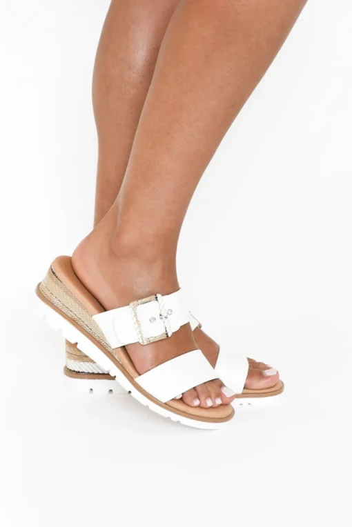 Heeled Sandals<Bay Lane River White Buckle Wedge Sandal