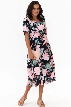 Below Knee Dresses<Willow Tree Roberta Pink Hibiscus Midi Dress