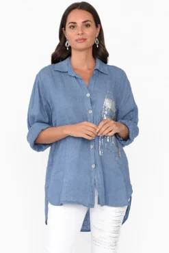 Linen Tops<La Strada Roda Blue Foil Linen Shirt