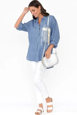 Linen Tops<La Strada Roda Blue Foil Linen Shirt
