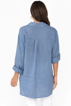 Linen Tops<La Strada Roda Blue Foil Linen Shirt