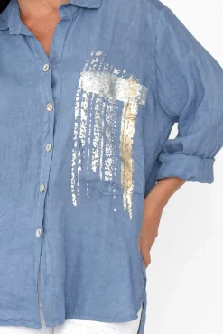 Linen Tops<La Strada Roda Blue Foil Linen Shirt