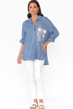 Linen Tops<La Strada Roda Blue Foil Linen Shirt