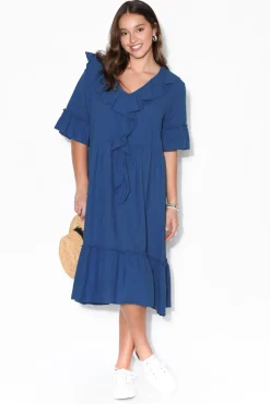 Linen Dresses<Wednesday Lulu Ronnie Blue Linen Ruffle Dress