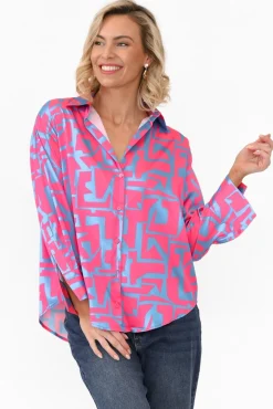 Shirts<Slate the Label Rosita Pink Geo Satin Collared Shirt