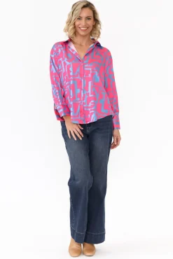 Shirts<Slate the Label Rosita Pink Geo Satin Collared Shirt