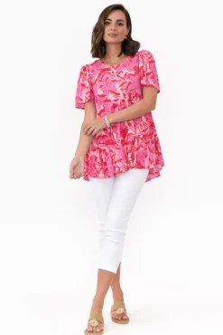 Sleeved Tops<New U Collection Roswell Pink Tropical Ruffle Top