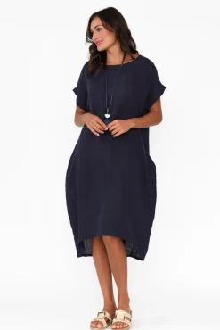 Linen Dresses<Cali and Co Rudy Navy Linen Pocket Dress
