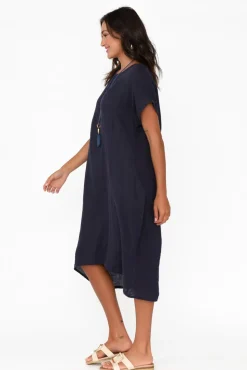 Linen Dresses<Cali and Co Rudy Navy Linen Pocket Dress