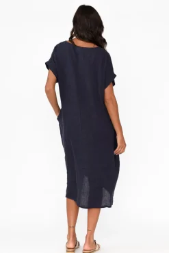 Linen Dresses<Cali and Co Rudy Navy Linen Pocket Dress