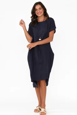 Linen Dresses<Cali and Co Rudy Navy Linen Pocket Dress