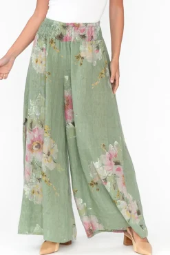Pants<Donna Donna Rumi Sage Floral Wide Leg Linen Pant