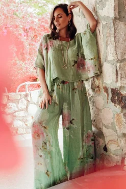Pants<Donna Donna Rumi Sage Floral Wide Leg Linen Pant