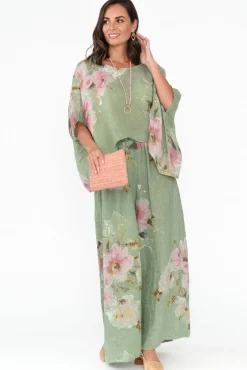Pants<Donna Donna Rumi Sage Floral Wide Leg Linen Pant