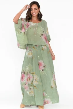 Pants<Donna Donna Rumi Sage Floral Wide Leg Linen Pant