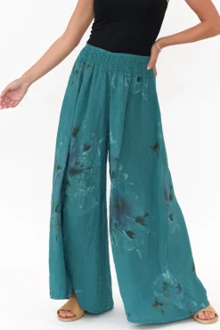 Pants<Donna Donna Rumi Teal Floral Wide Leg Linen Pant